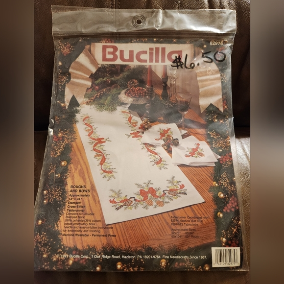 Bucilla Boughs and Bows Table Runner Stamped Cross Stitch Embroidery Kit - Picture 1 of 4